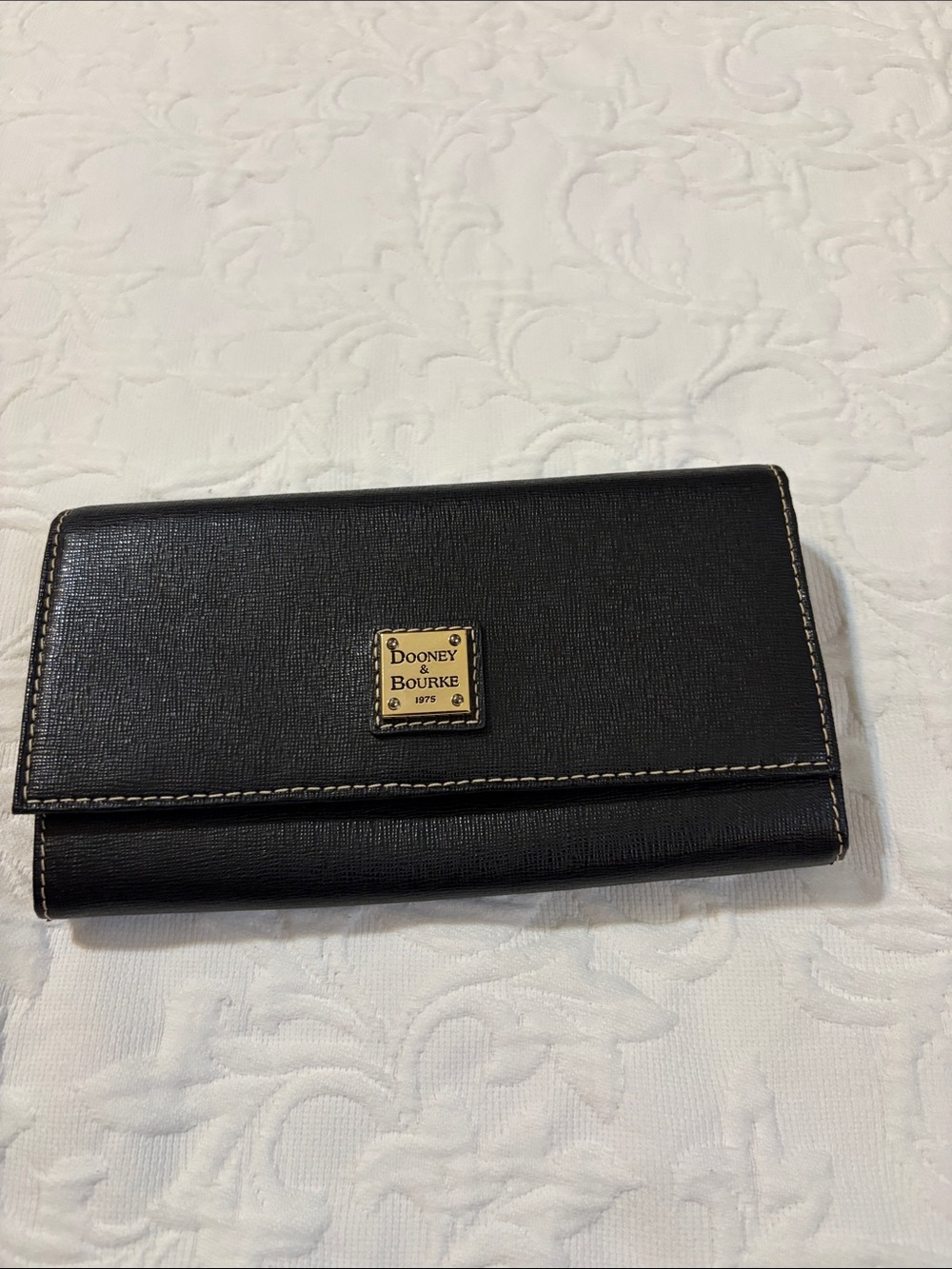 Dooney & Bourke Black Saffiano Leather Continental Wallet with Gold Plaque